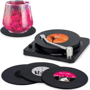 Valdivia Funny Retro Vinyl Record Coasters with Player, 6 Pcs Music Coasters for Drinks, Bars, Party, Birthday Gifts for Music Lovers, Home Decor Housewarming and White Elephant Gifts Ideas