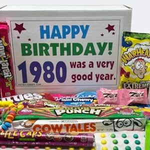 RETRO CANDY YUM ~ 1980 46th Birthday Ideas ~ Retro Decade 80s Candy Gag Gift Basket Box Assortment From Childhood ~ Milestone Birthday Gifts for Turning 46 Years Old Man or Woman Jr.
