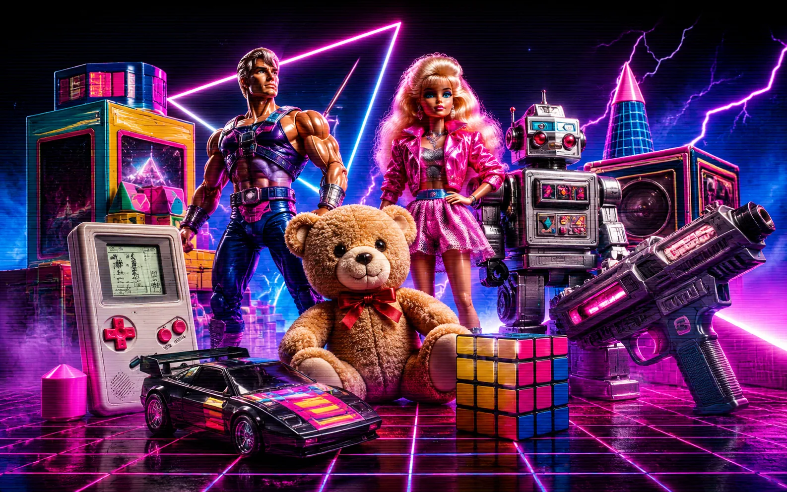 80s toys hub with neon Gen X toy nostalgia collage