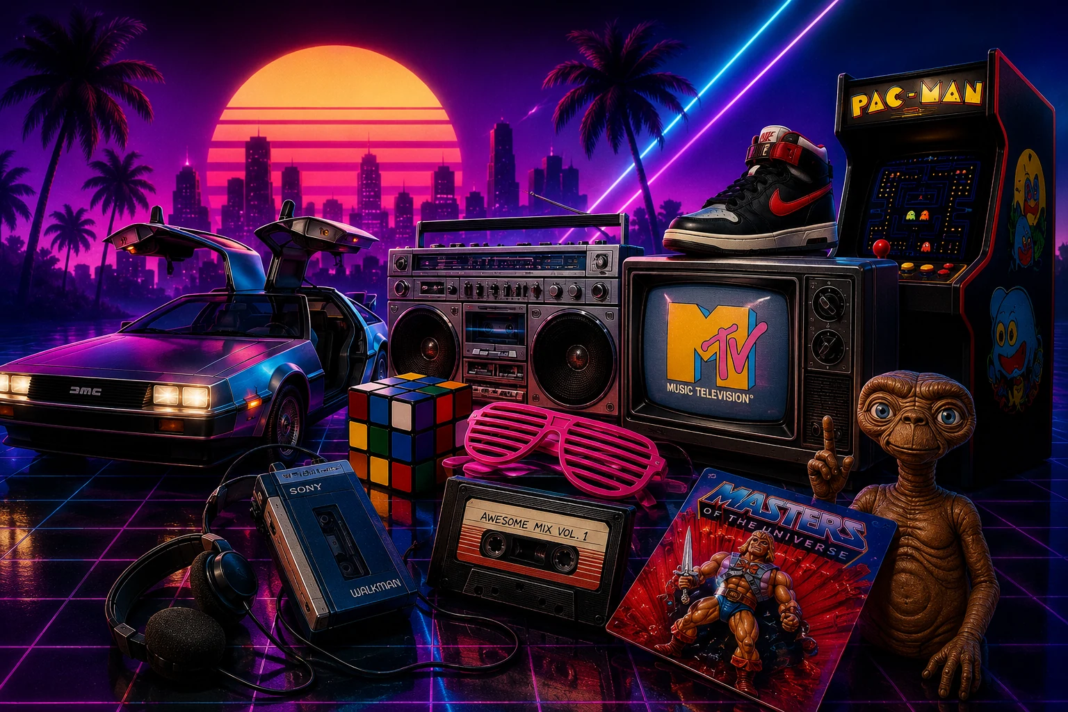Ultimate 80s nostalgia guide with arcade, boombox, MTV, Walkman and retro pop culture icons