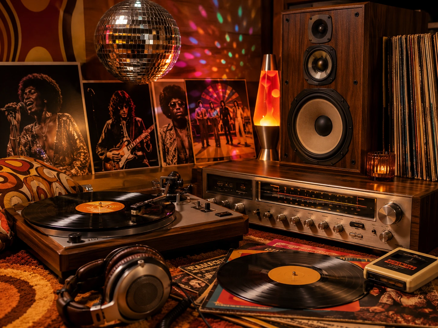 70s music nostalgia collage with records, stereo gear, disco lights, and warm retro colors