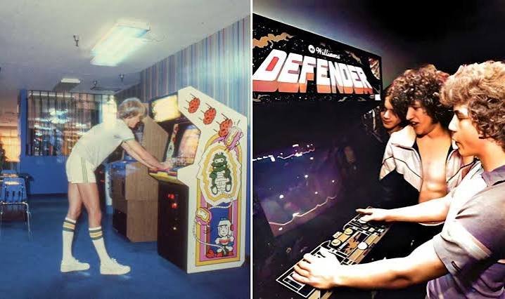1980s arcade full of classic video game cabinets