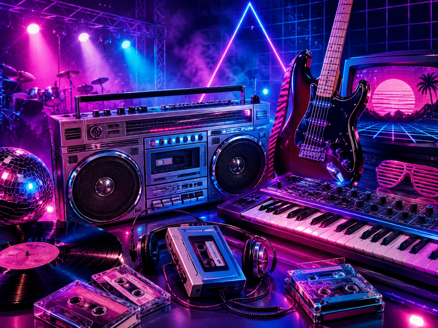 80’s music nostalgia collage with a boombox, synths, cassette tapes, guitar, and neon colors