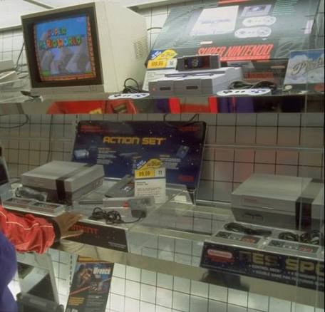 1980s video game store aisle with games and consoles
