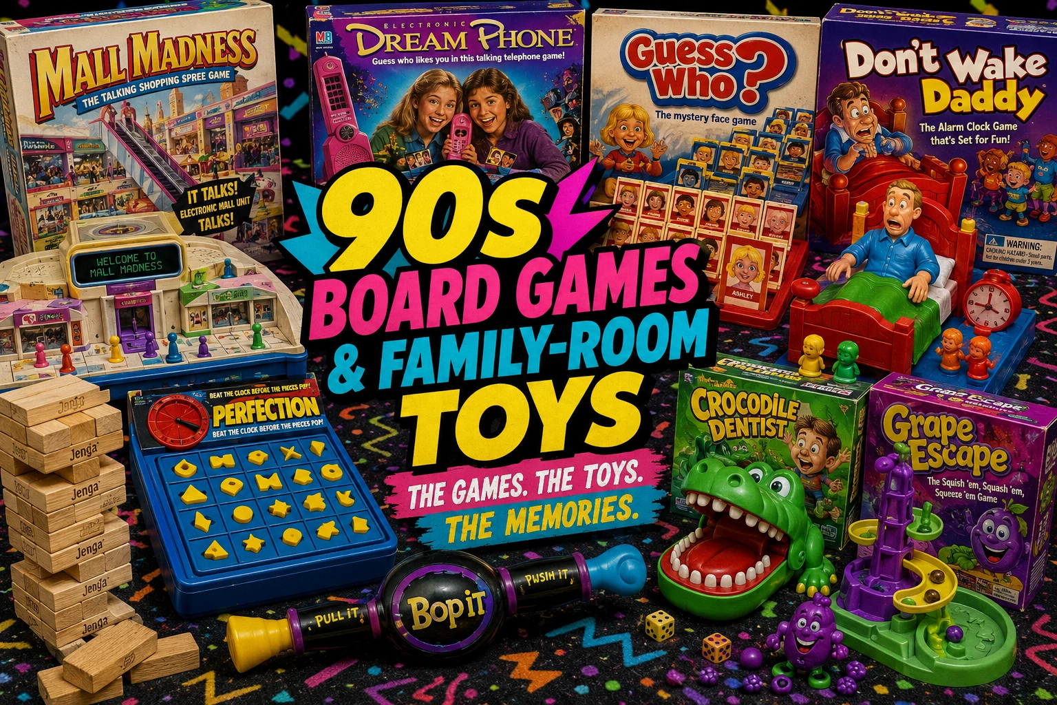 90s Board Games & Family-Room Toys: Mall Madness, Dream Phone, Guess Who? & Bop It