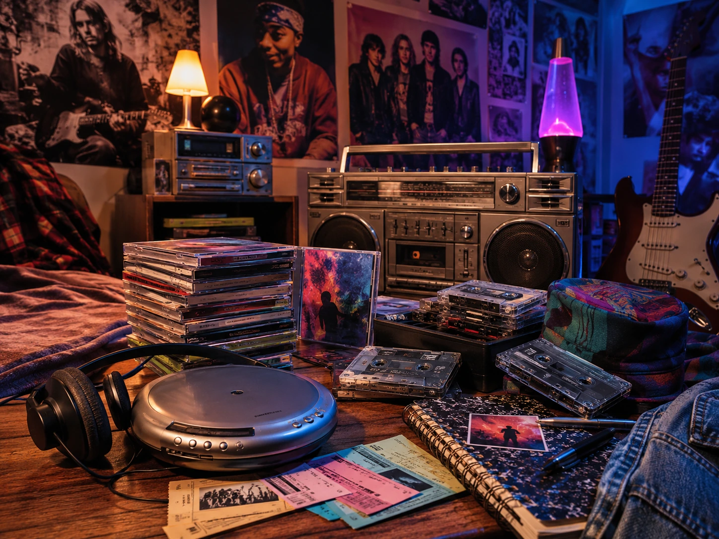 90’s music nostalgia collage with a boombox, synths, cassette tapes, guitar, and neon colors