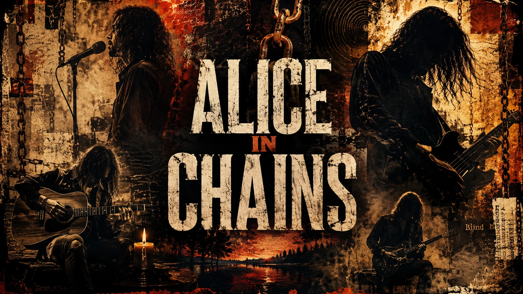 Alice in Chains-inspired grunge collage with dark orange textures, acoustic guitar, electric guitar, chains, candles, and haunted rock atmosphere
