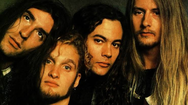 Alice in Chains inspired 90s grunge collage with dark guitars moody lighting and Seattle alternative rock atmosphere