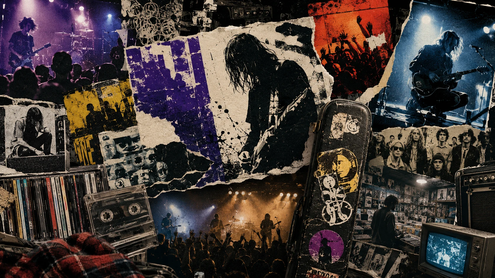 Beyond the Big 4 grunge collage with concert crowds, guitars, CD shelves, cassette tape, record store, CRT TV, and torn paper textures