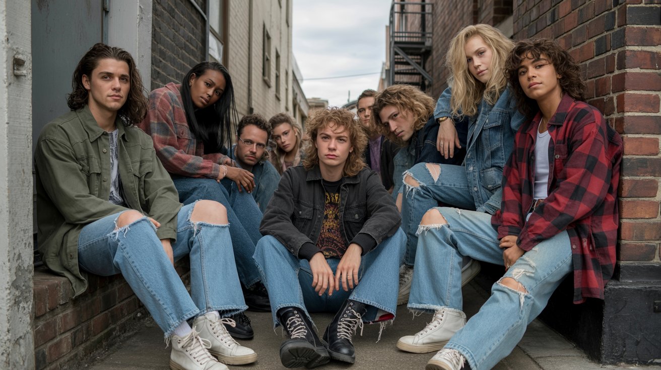 90s grunge fashion flannel ripped jeans boots and alternative rock style