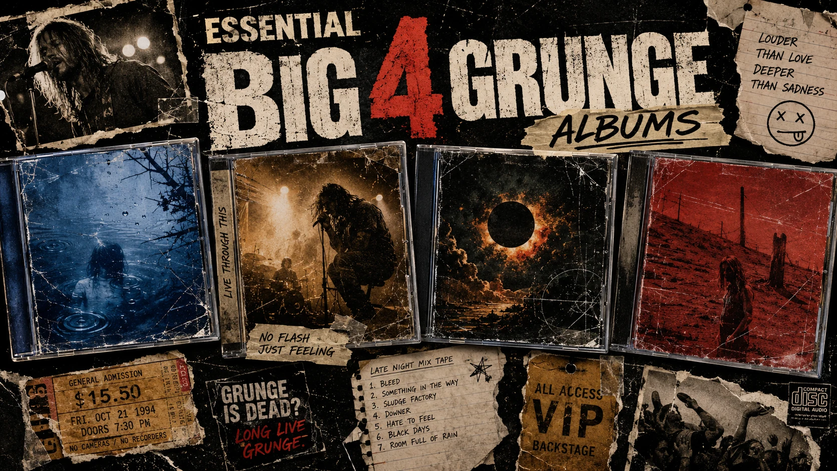 Essential Big 4 Grunge Albums collage with cracked CD cases, grungy album-inspired artwork, torn concert posters, ticket stubs and 90s rock textures