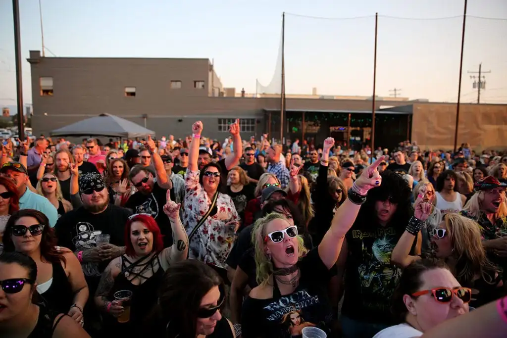 Hair band fans from the late 80s rock and glam metal era