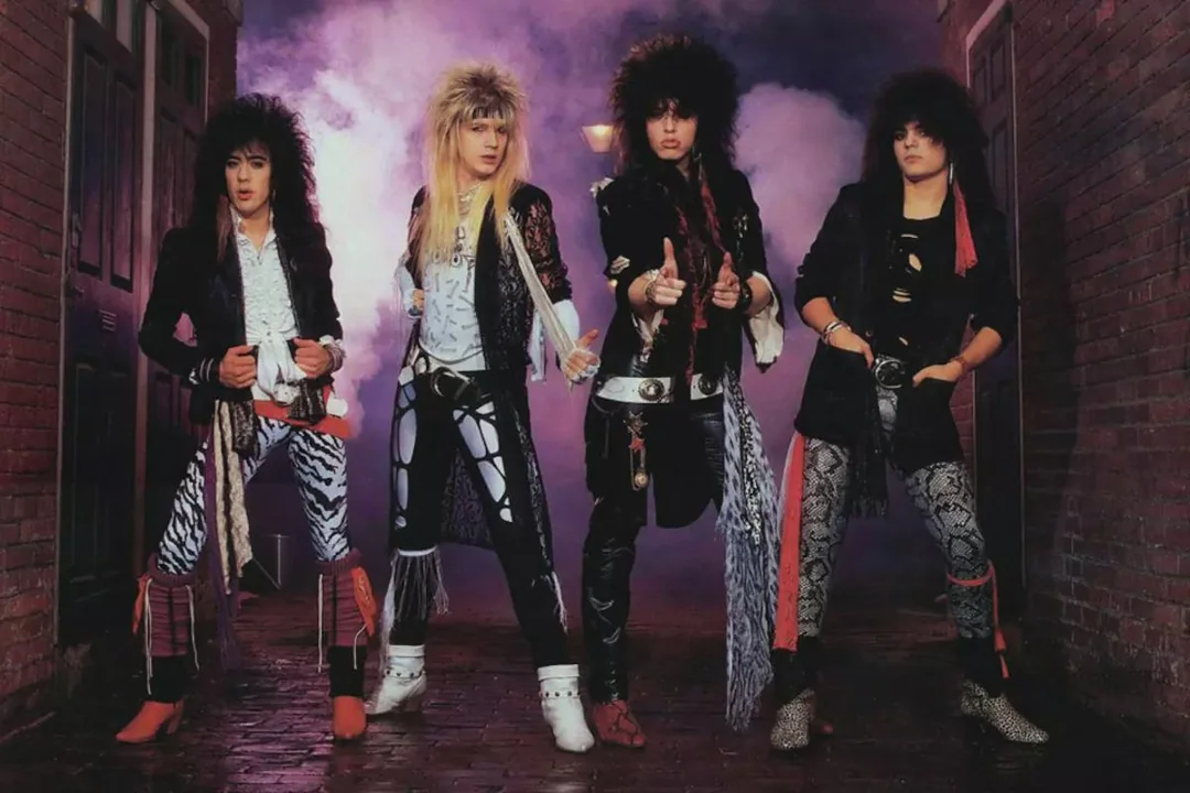 80s hair band fashion with glam metal style leather and big hair