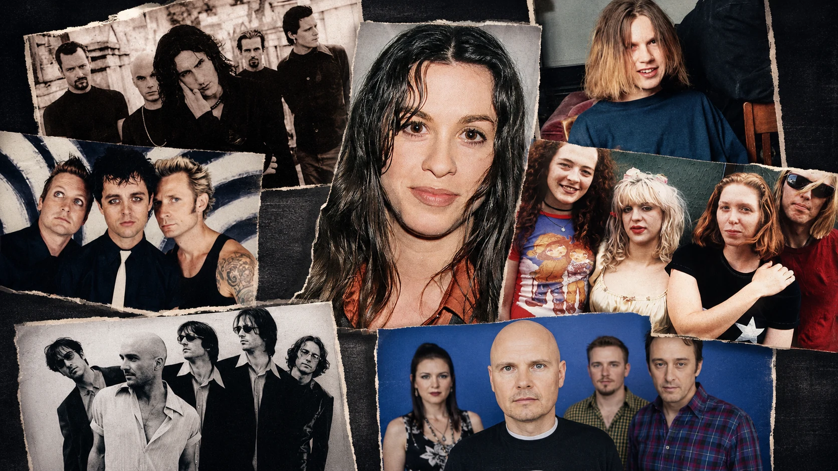 90s alternative rock montage with Alanis Morissette Beck Nine Inch Nails Green Day Hole Smashing Pumpkins and R.E.M.