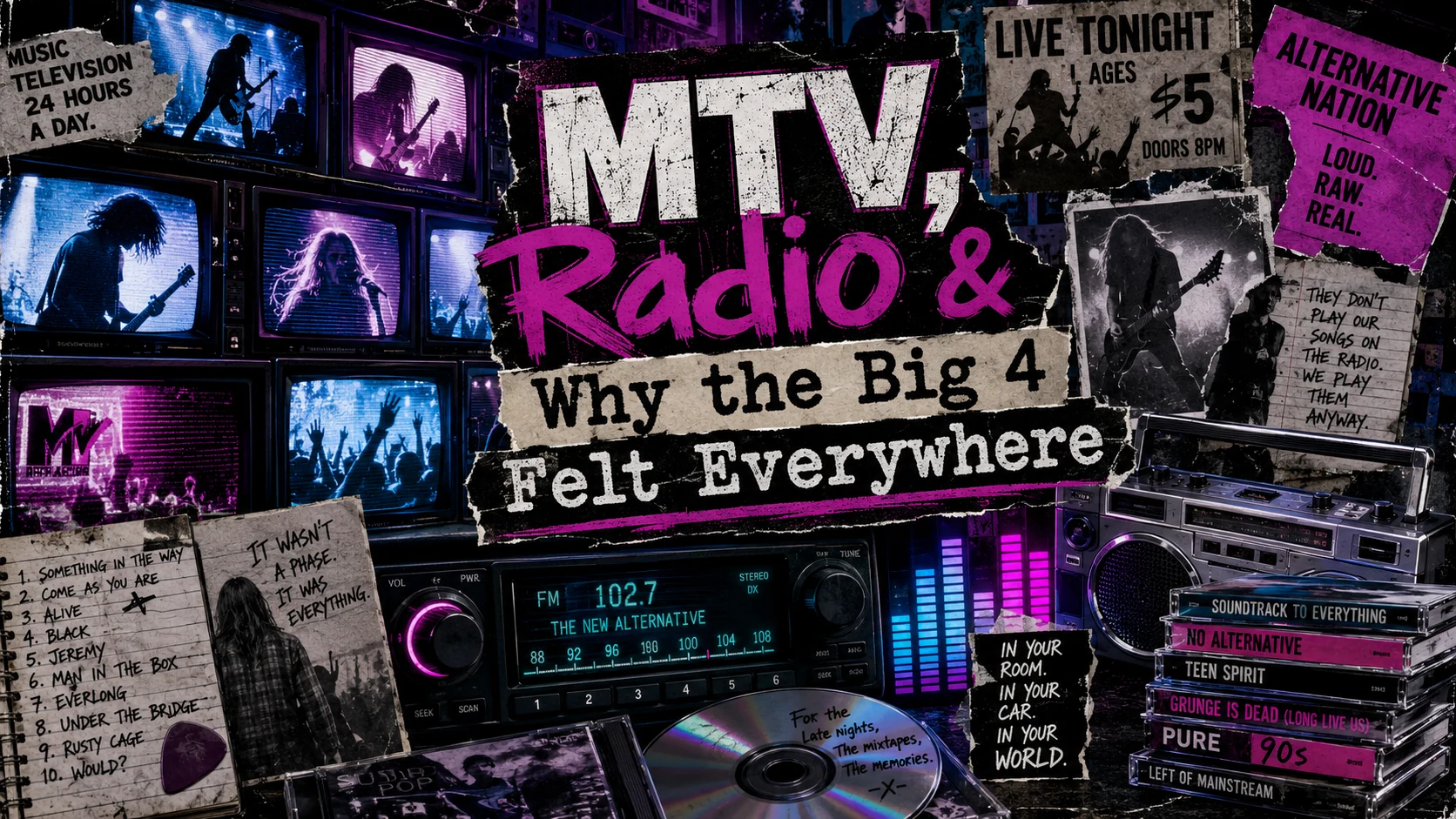 MTV and radio grunge collage with CRT televisions, stereo tuner, boombox, CD stacks, concert posters, and 90s alternative rock energy