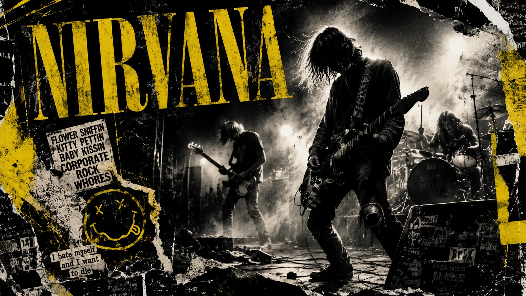 Nirvana-inspired grunge concert collage with distorted guitars, black and yellow torn paper, and punk rock stage energy