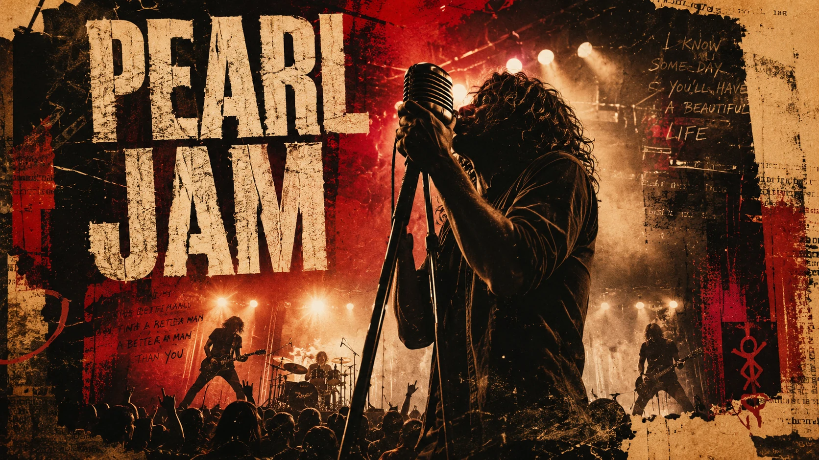 Pearl Jam-inspired grunge concert collage with warm stage lights, microphone silhouette, and emotional live rock atmosphere