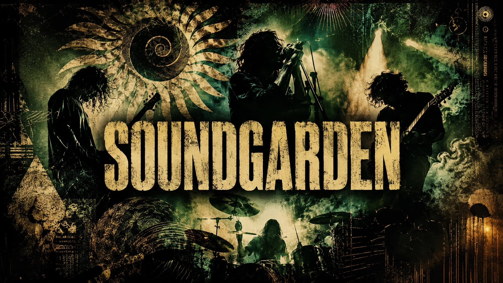 Soundgarden-inspired grunge concert collage with green-gold lighting, heavy silhouettes, drums, guitars, and psychedelic textures