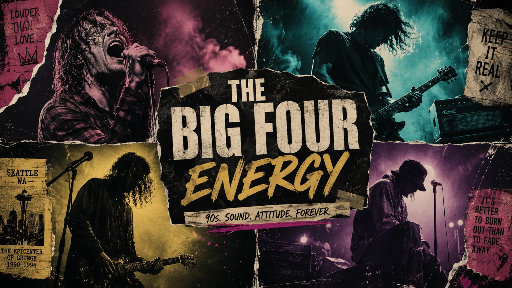 The Big Four Energy 90s grunge collage with stage lights, guitars, torn posters, and grunge-style typography