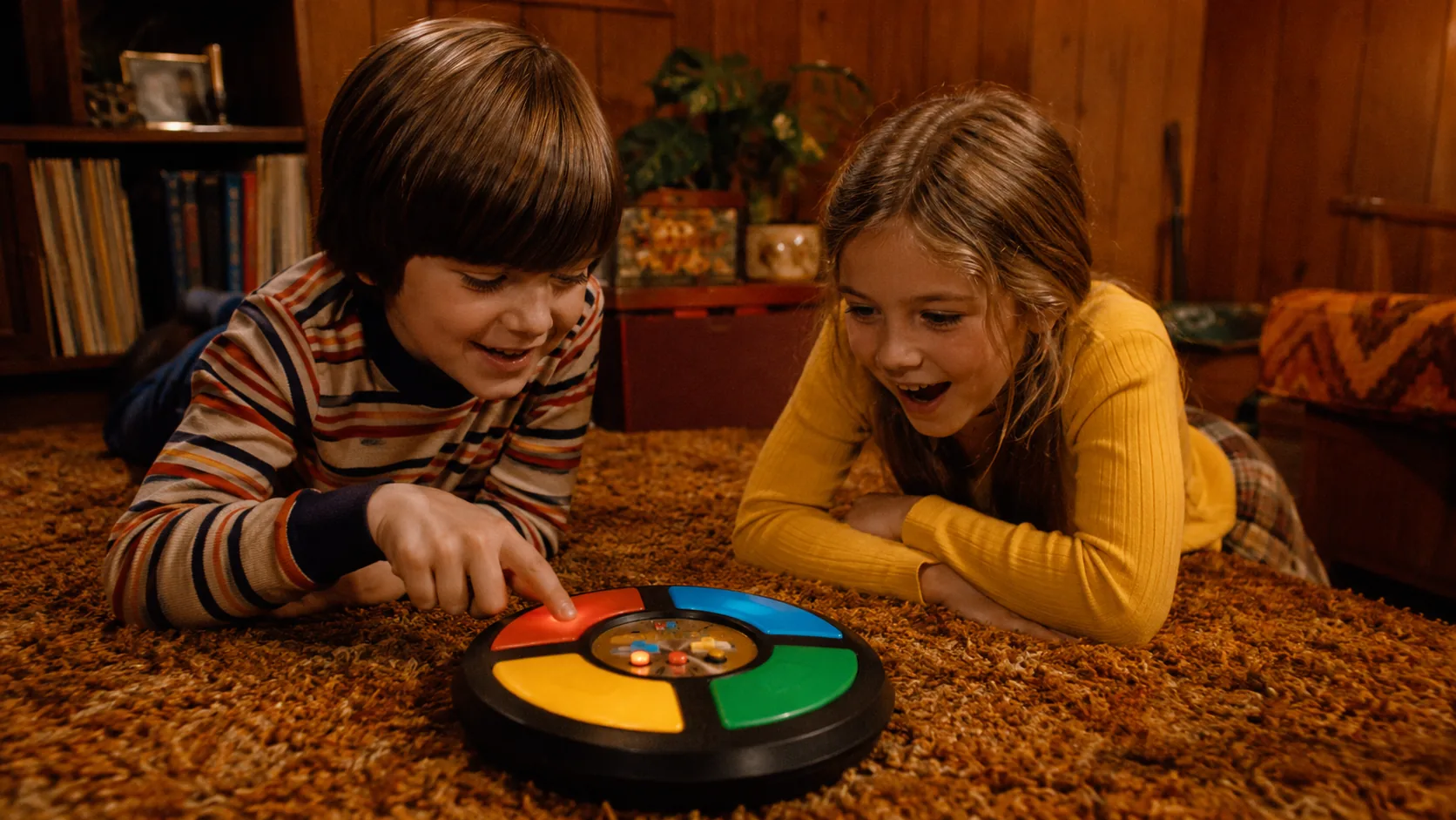 Two children playing a four-color electronic memory game on 1970s shag carpet