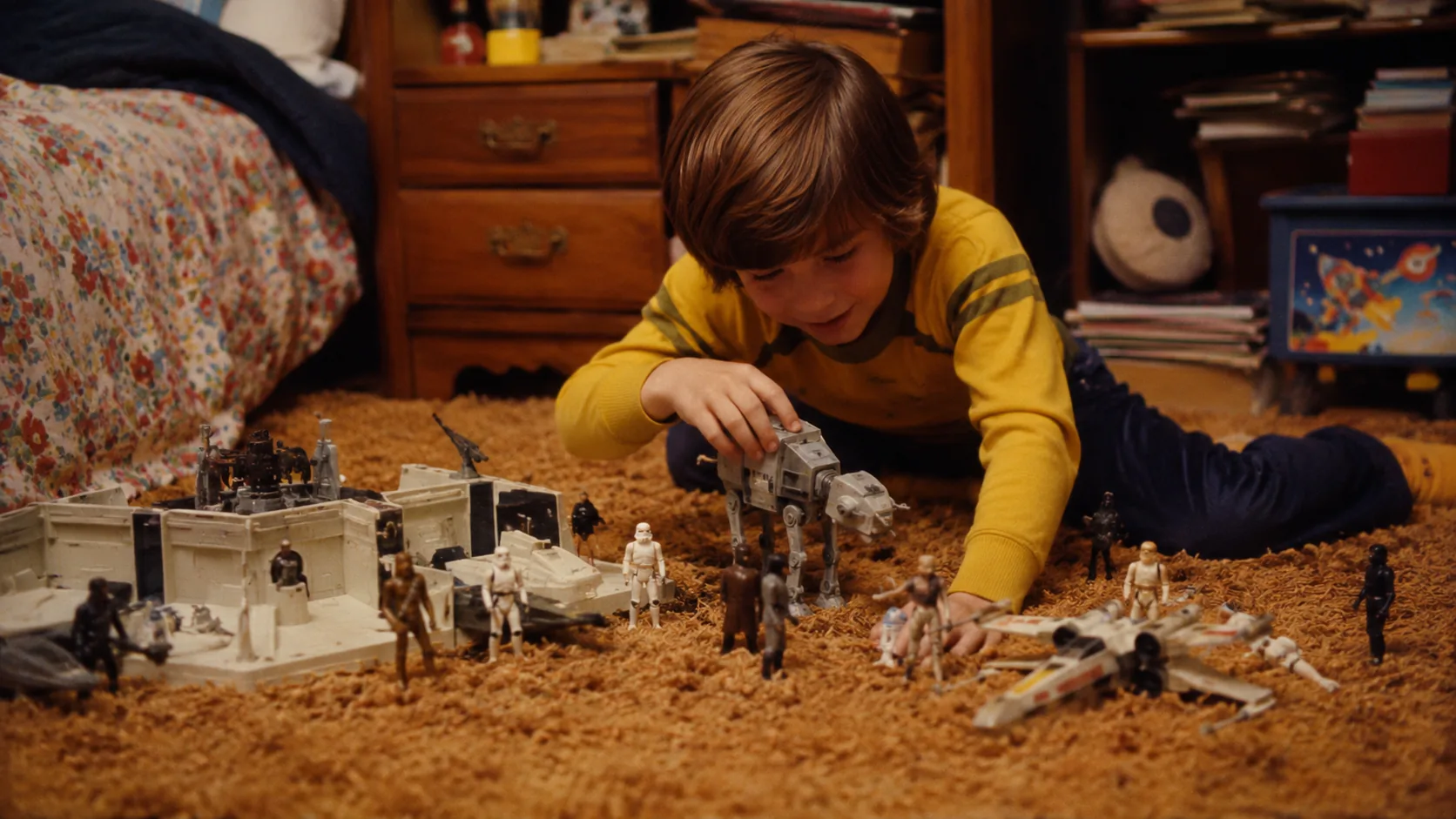 A child staging a late-1970s Star Wars battle with action figures, vehicles, and playsets on shag carpet