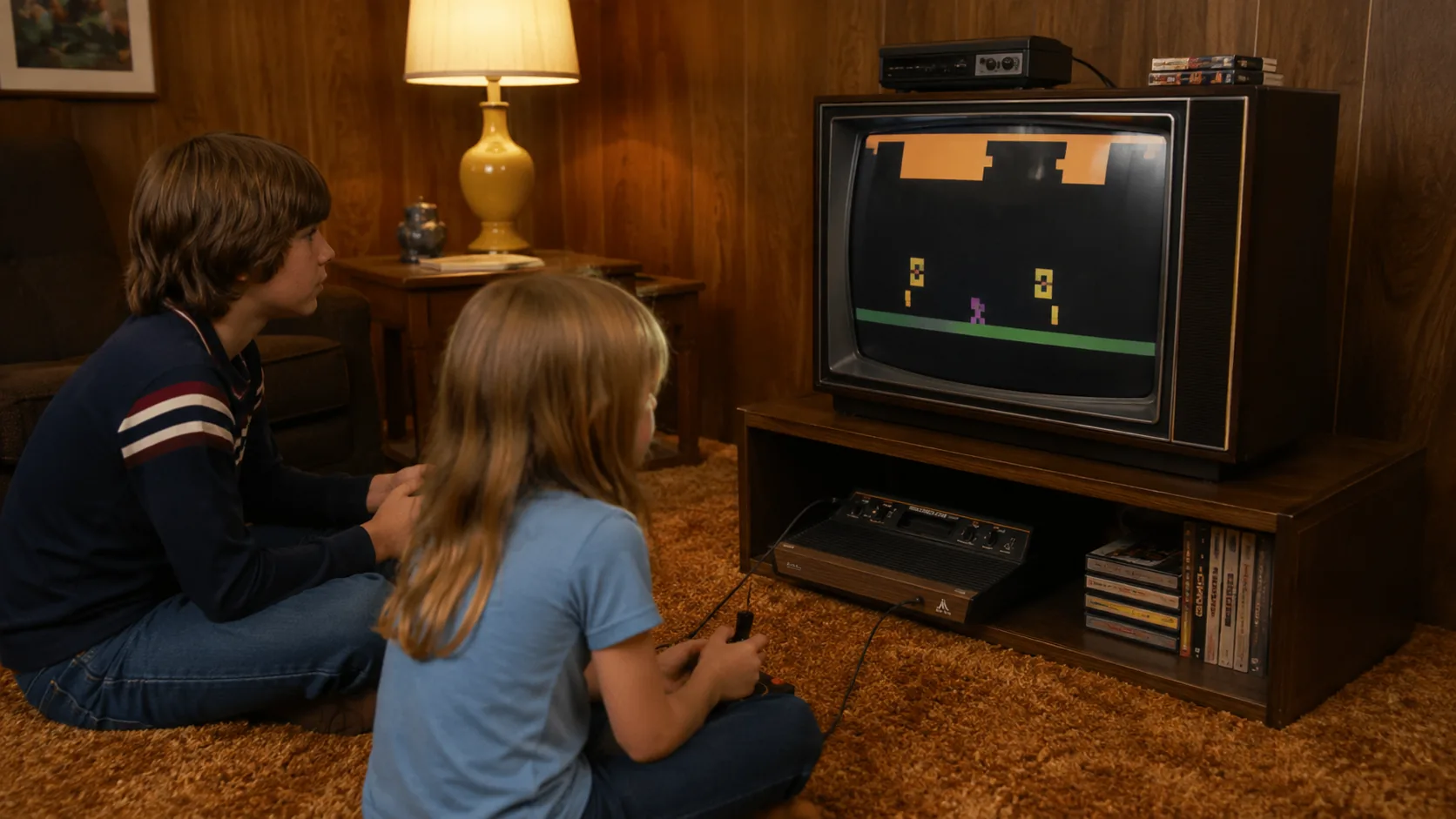Two children playing an Atari 2600 with wired joysticks in a wood-paneled 1970s family room