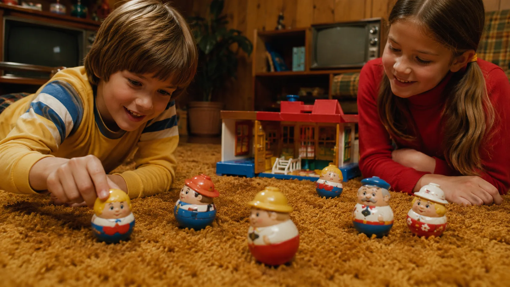 Two children playing with colorful wobbling figures in a 1970s family room