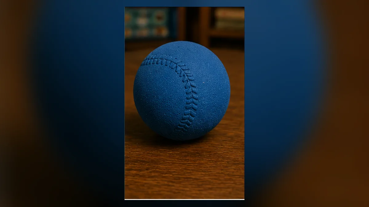A soft blue foam ball resting on a wooden family-room table