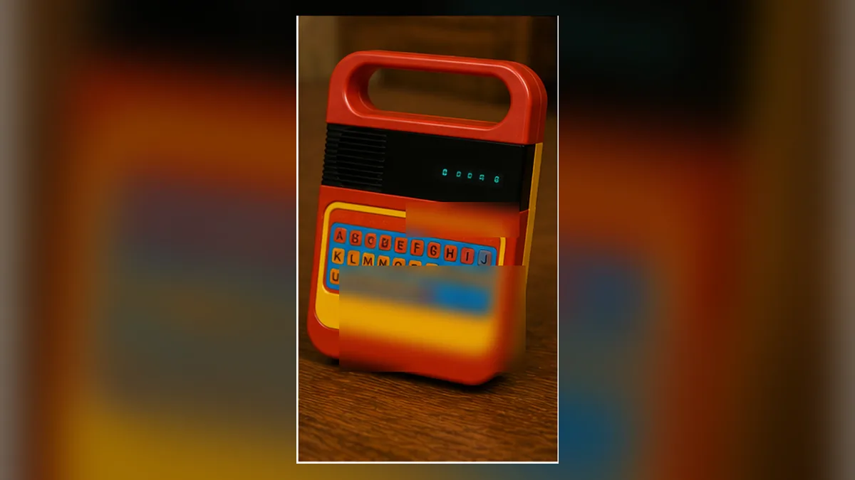 A red-and-yellow educational electronic word toy from the late 1970s