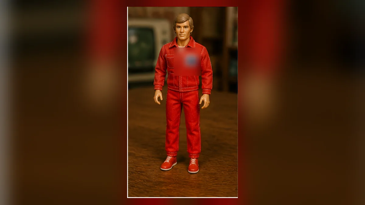 A television-inspired bionic action figure wearing a red 1970s jumpsuit