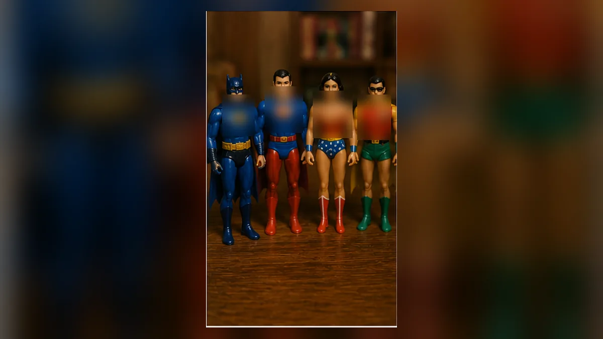 A lineup of colorful cloth-costumed superhero action figures from the 1970s