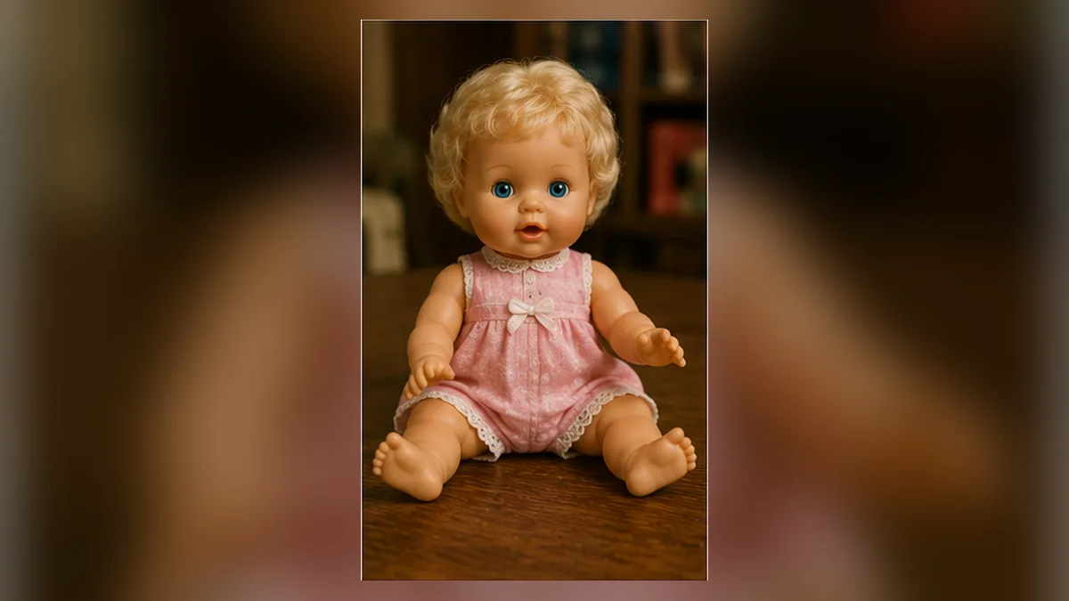A baby doll in a pink outfit sitting in a warmly lit 1970s room