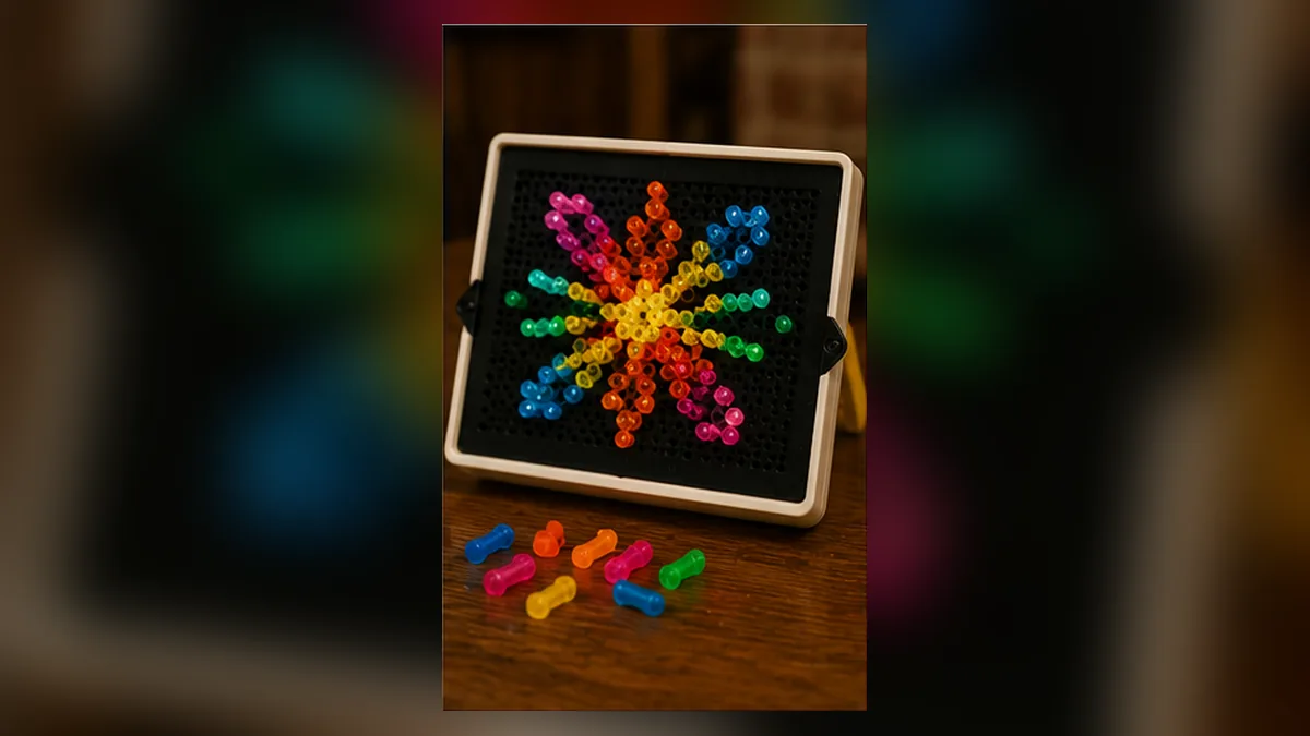 A glowing peg-art picture shining from a Lite-Brite-style screen
