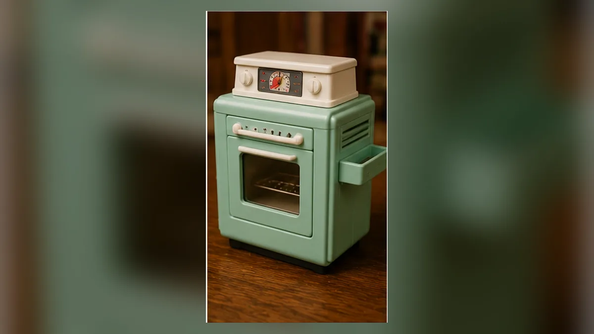 A small pastel toy oven ready for a 1970s baking project
