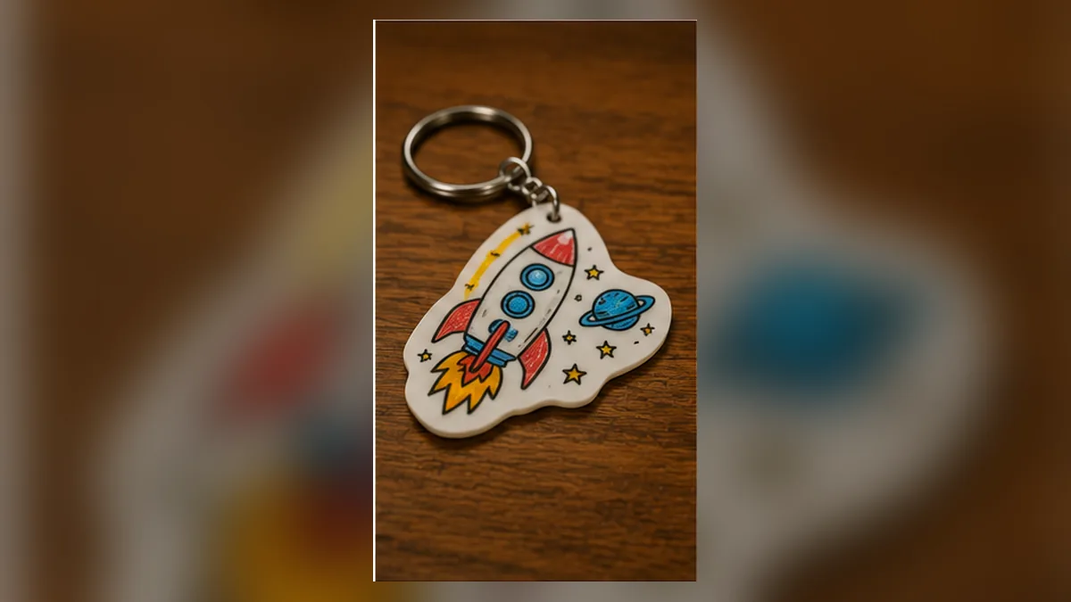 A colorful hand-drawn plastic craft piece ready to shrink in a 1970s kitchen