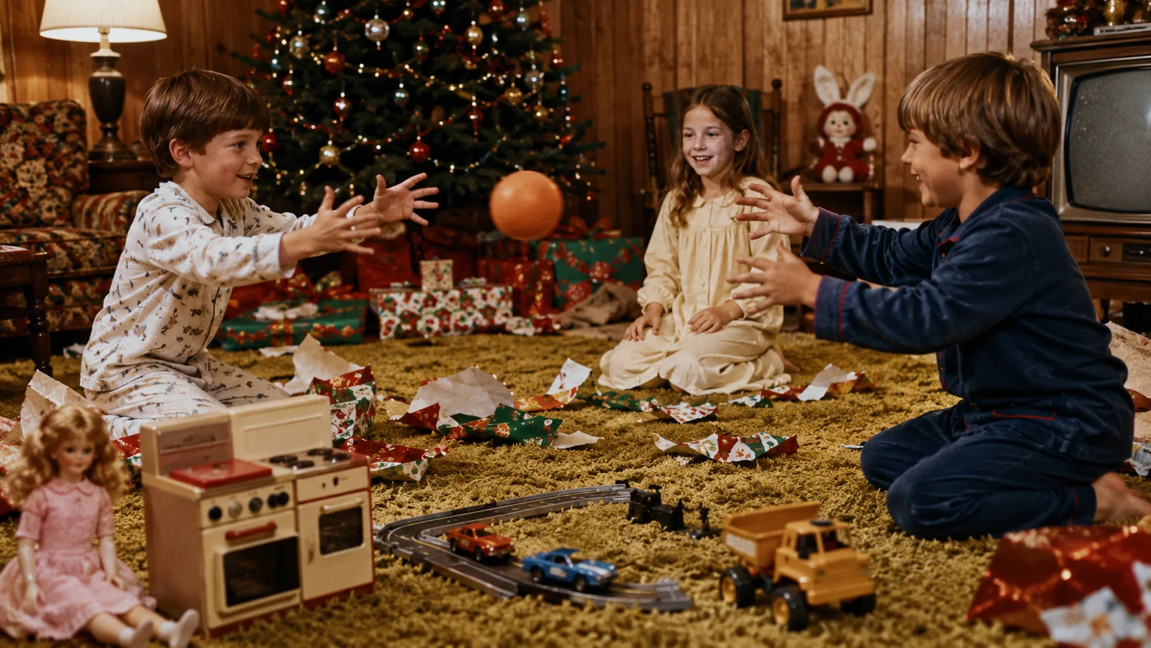 Children playing with a Nerf Ball among Christmas toys in 1970