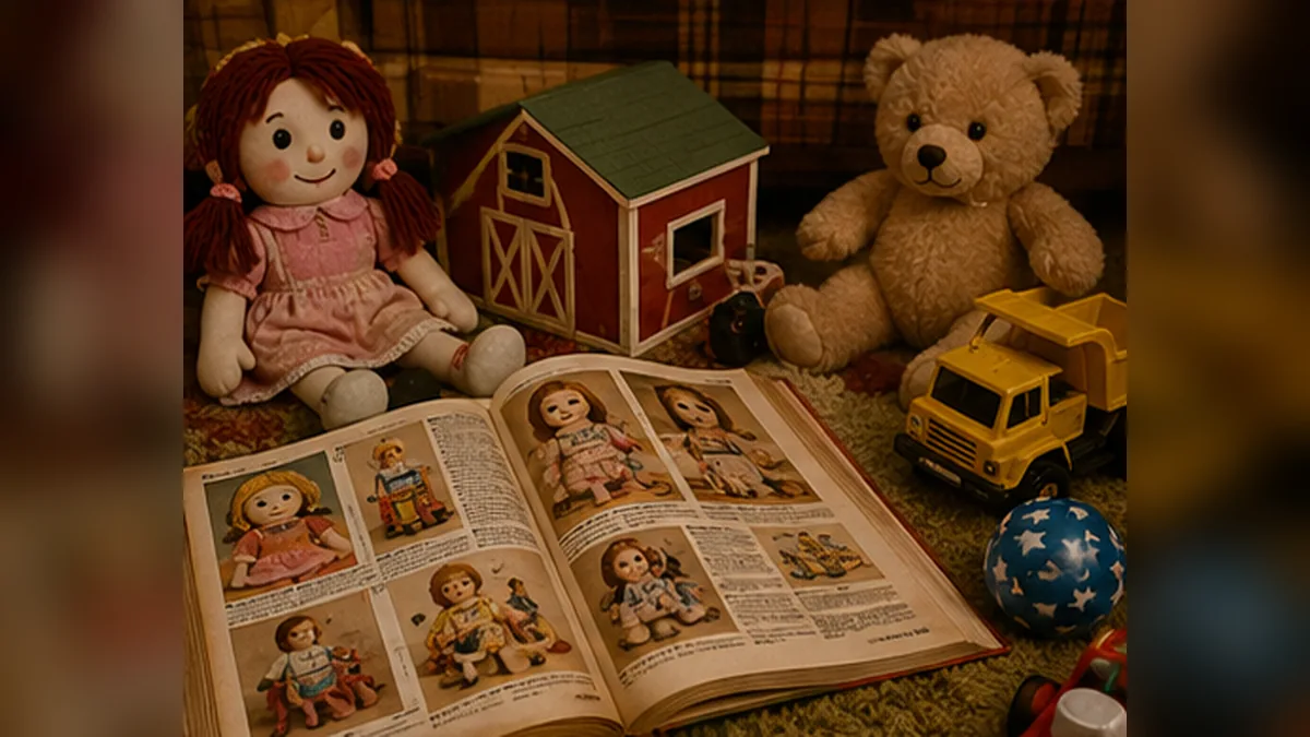 An early 1970 toy catalog scene with dolls, trucks, balls and floor toys