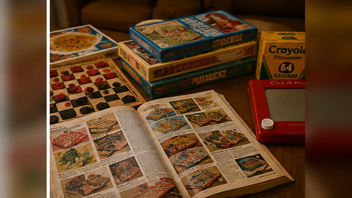 A 1972 toy catalog arrangement of family games, drawing sets and craft toys