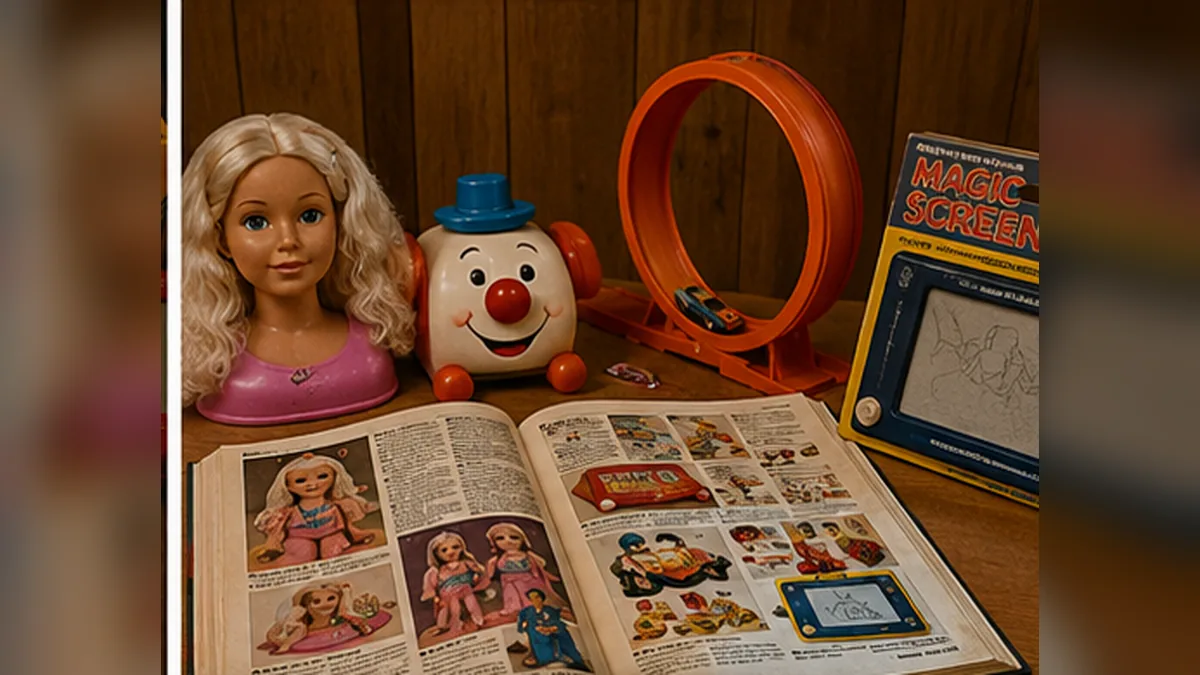 A 1974 toy catalog display of dolls, racing systems and feature-driven toys