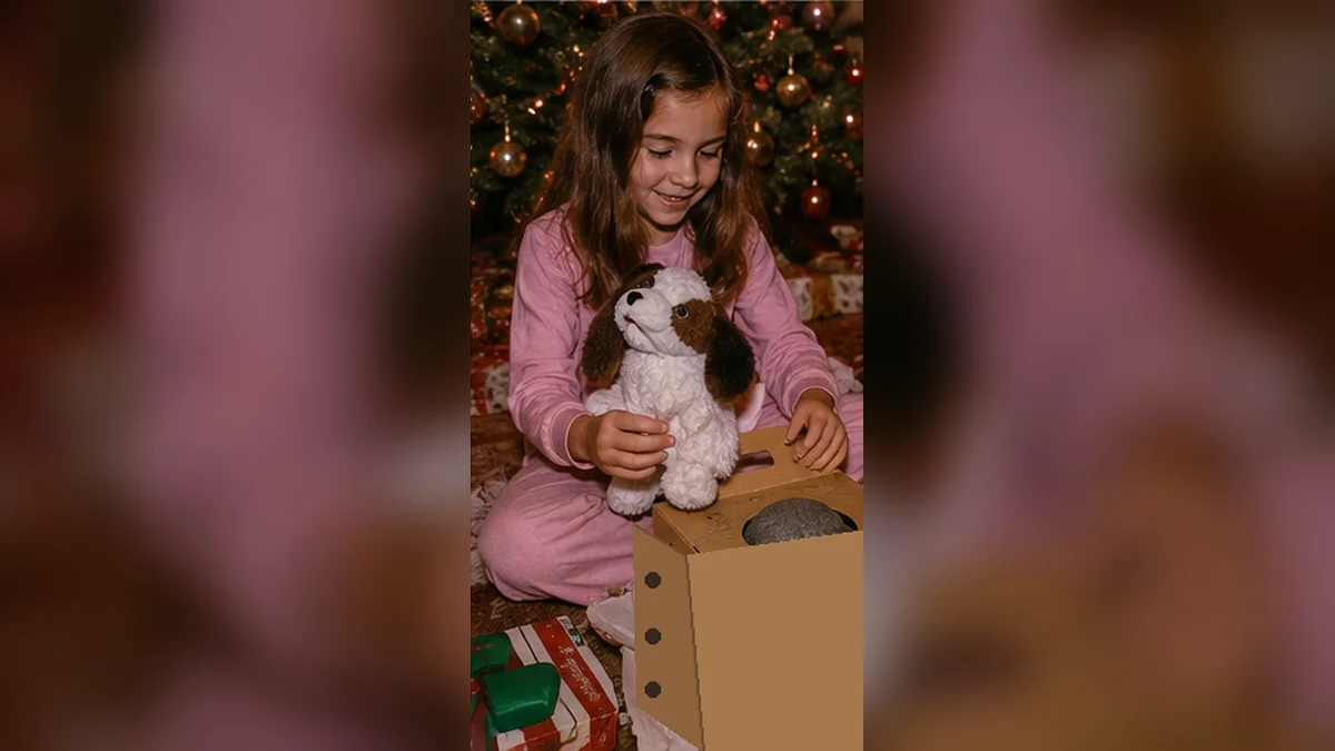 Child opening a Pet Rock style Christmas gift in 1975