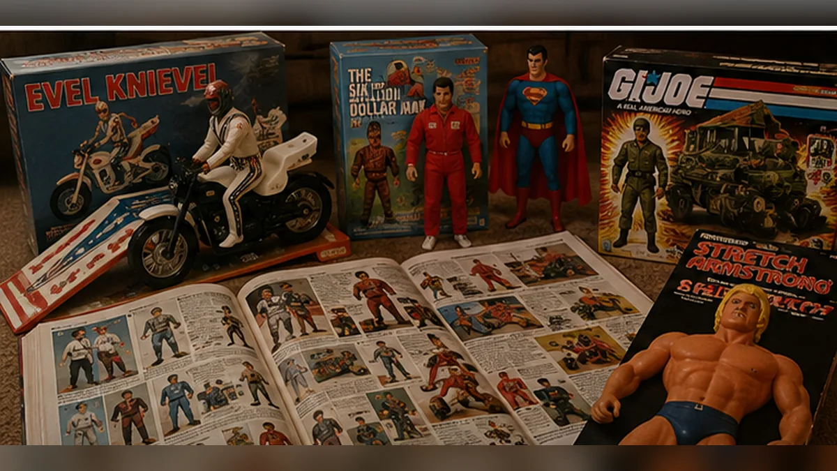 A 1976 toy catalog display of action figures, stunt motorcycles and stretchy character toys