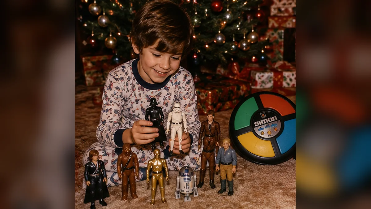 Children playing with Star Wars toys and Simon at Christmas in 1978