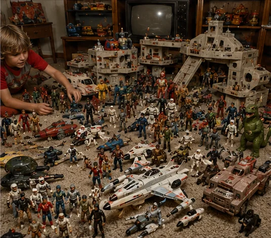 Child surrounded by late-1970s action figures, spacecraft, vehicles and large playsets in a family room