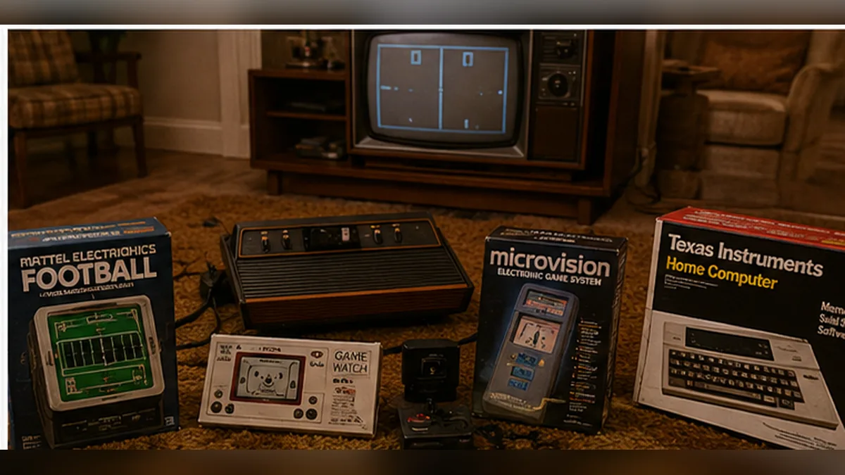 A late-1970s catalog display of electronic games and a television game console