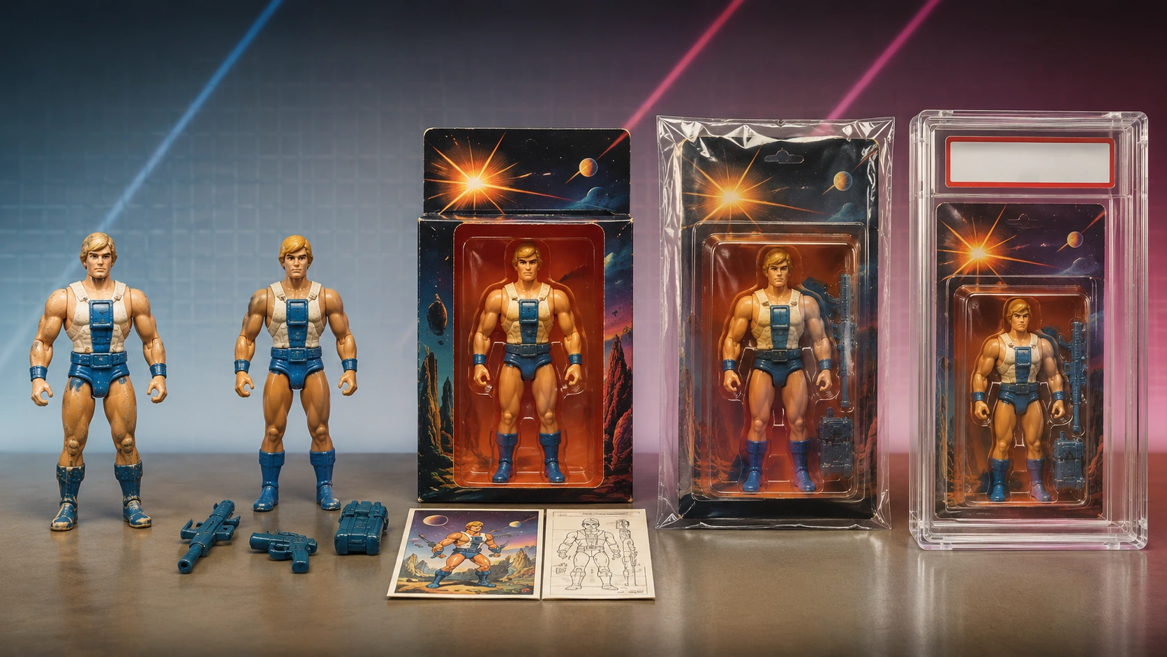 Comparison of a worn loose 80s action figure, a complete loose figure, boxed examples, sealed packaging, and a graded collector case