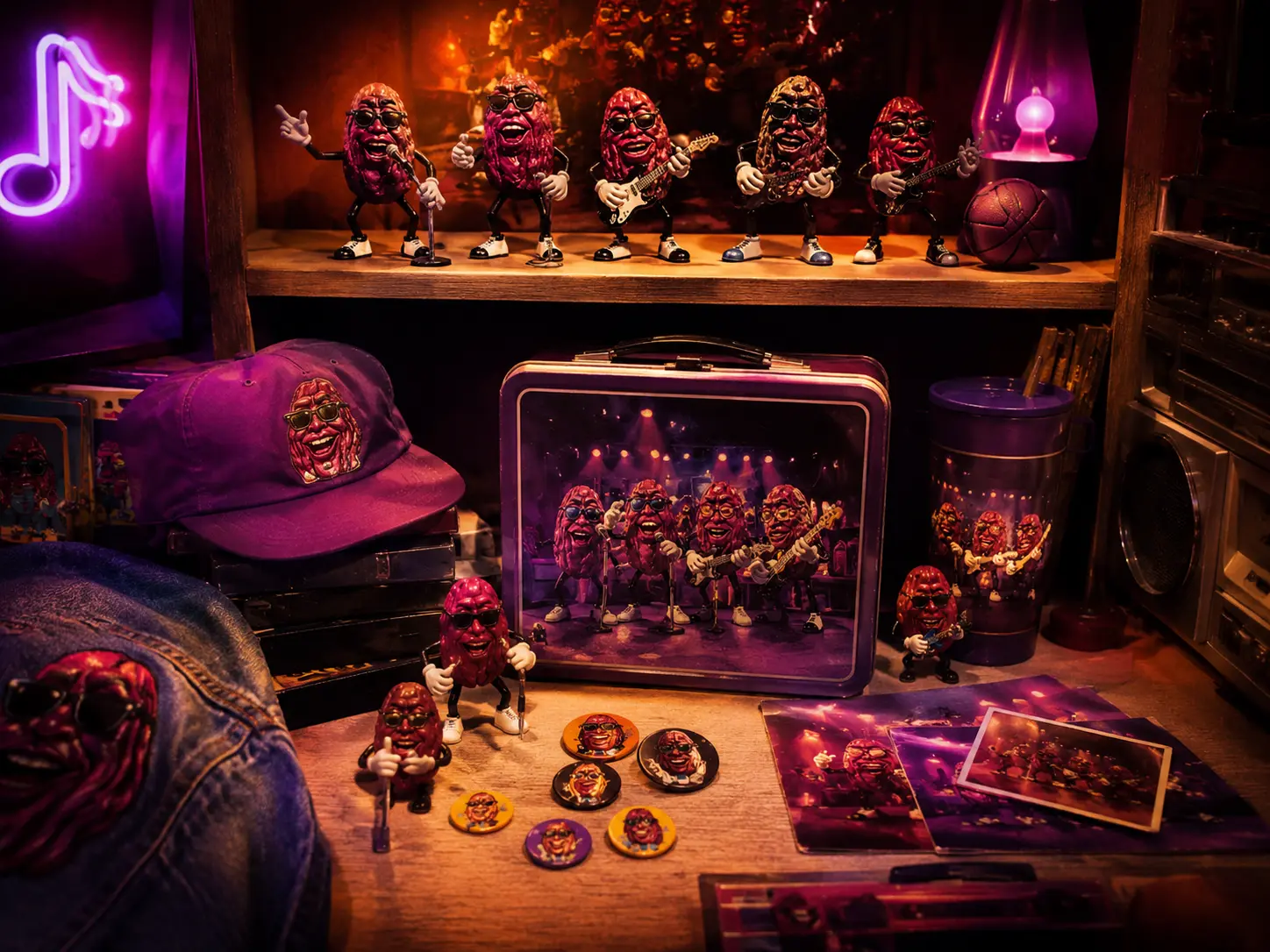 Late-1980s California Raisins-inspired memorabilia display with figurines, lunch box, cap, buttons and photos