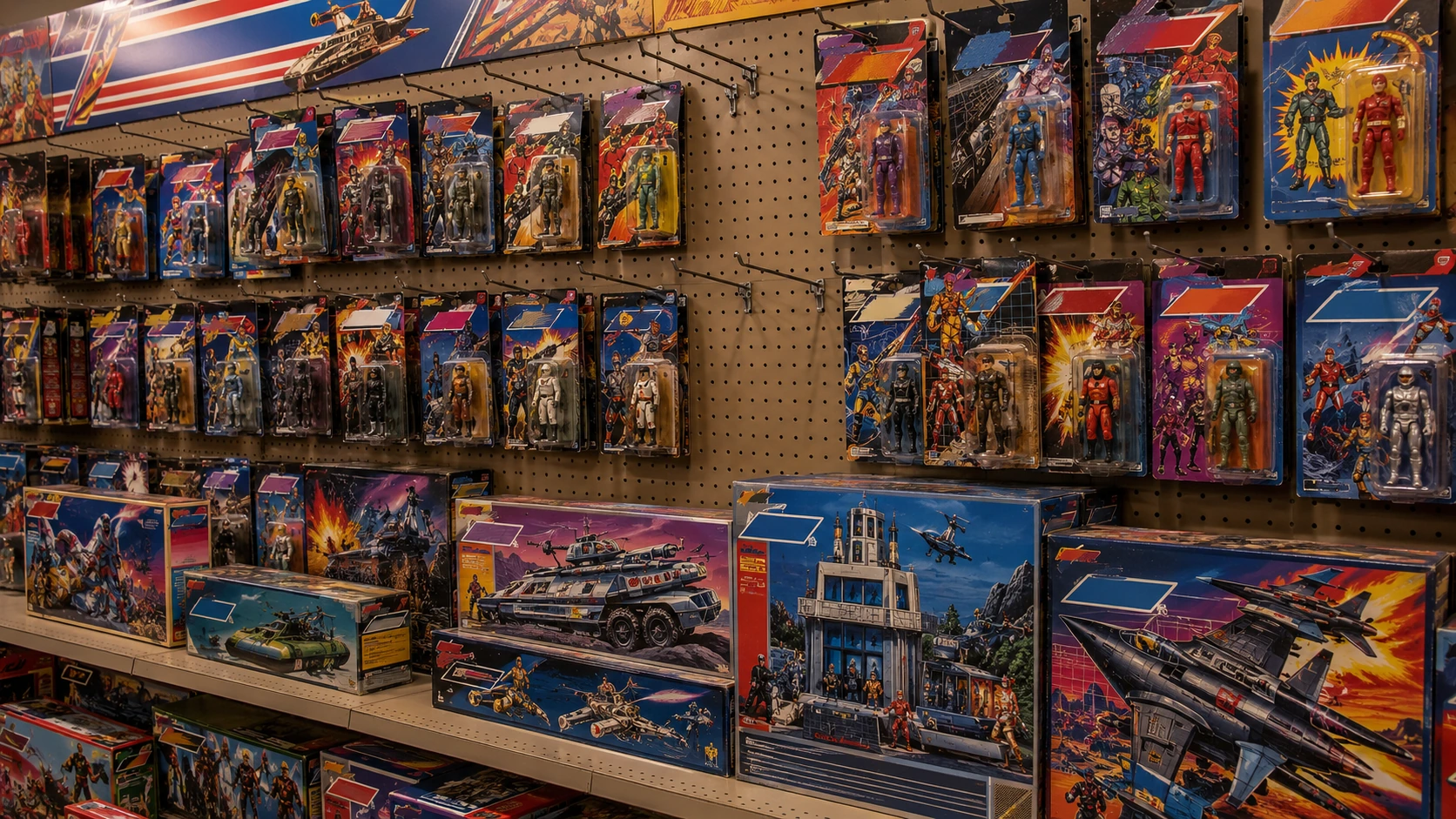 Packed 1980s toy-store peg wall with carded action figures and boxed vehicles