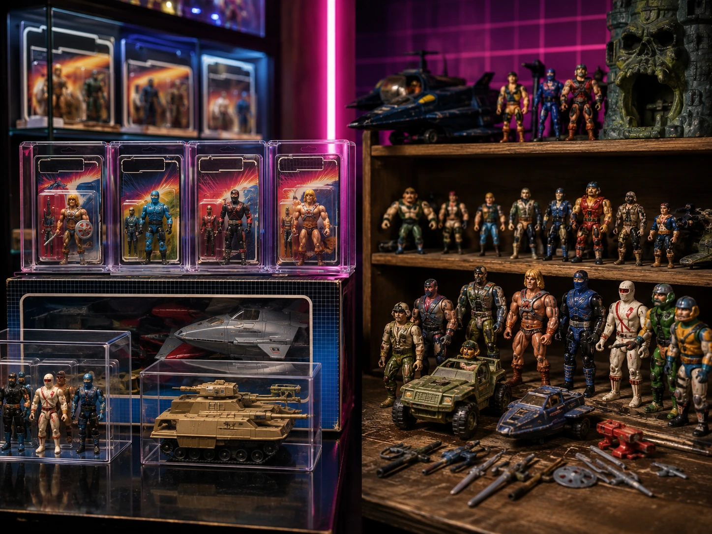 Split scene comparing protected vintage action figures with a loose played-with childhood collection