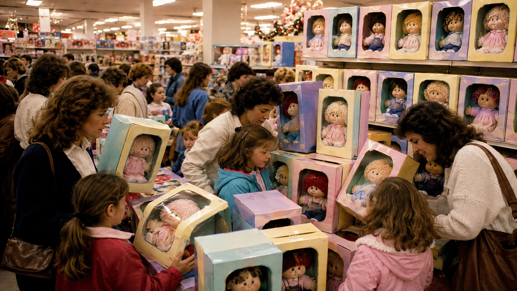 Busy 1983 department-store display filled with boxed yarn-haired dolls as families compare faces and outfits