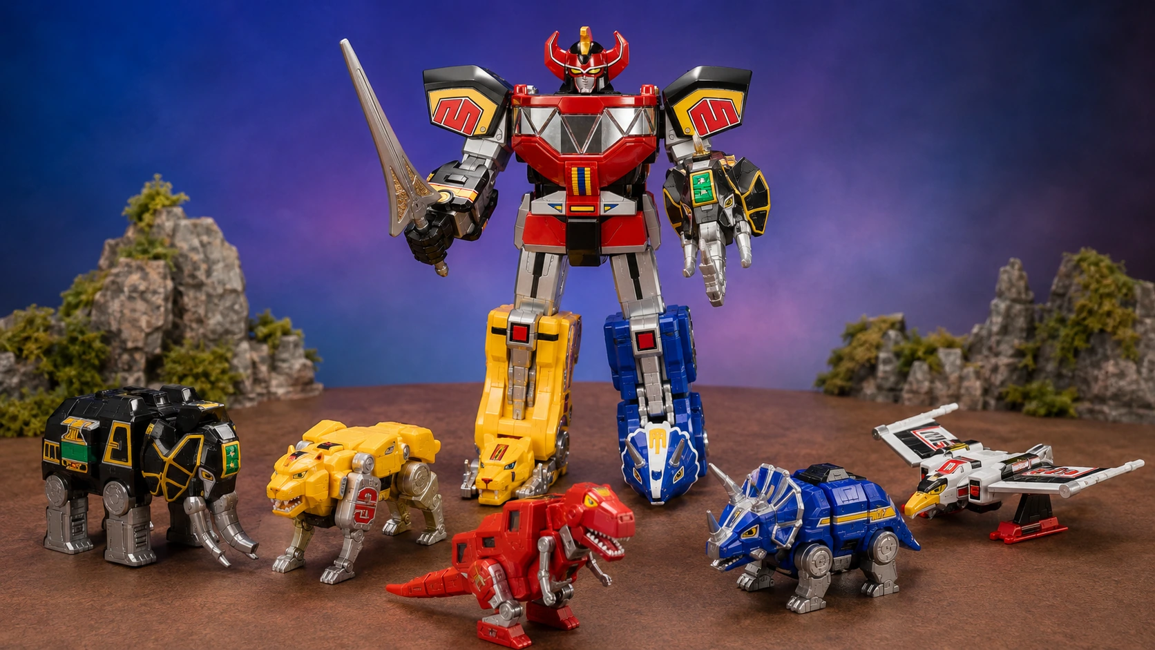 Five dinosaur robot toys arranged around a completed 1993-style combining Megazord
